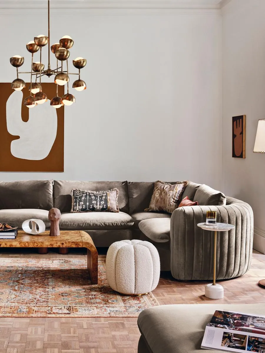 Modular Corner Sofa with Pleated Back - Taupe, Velvet