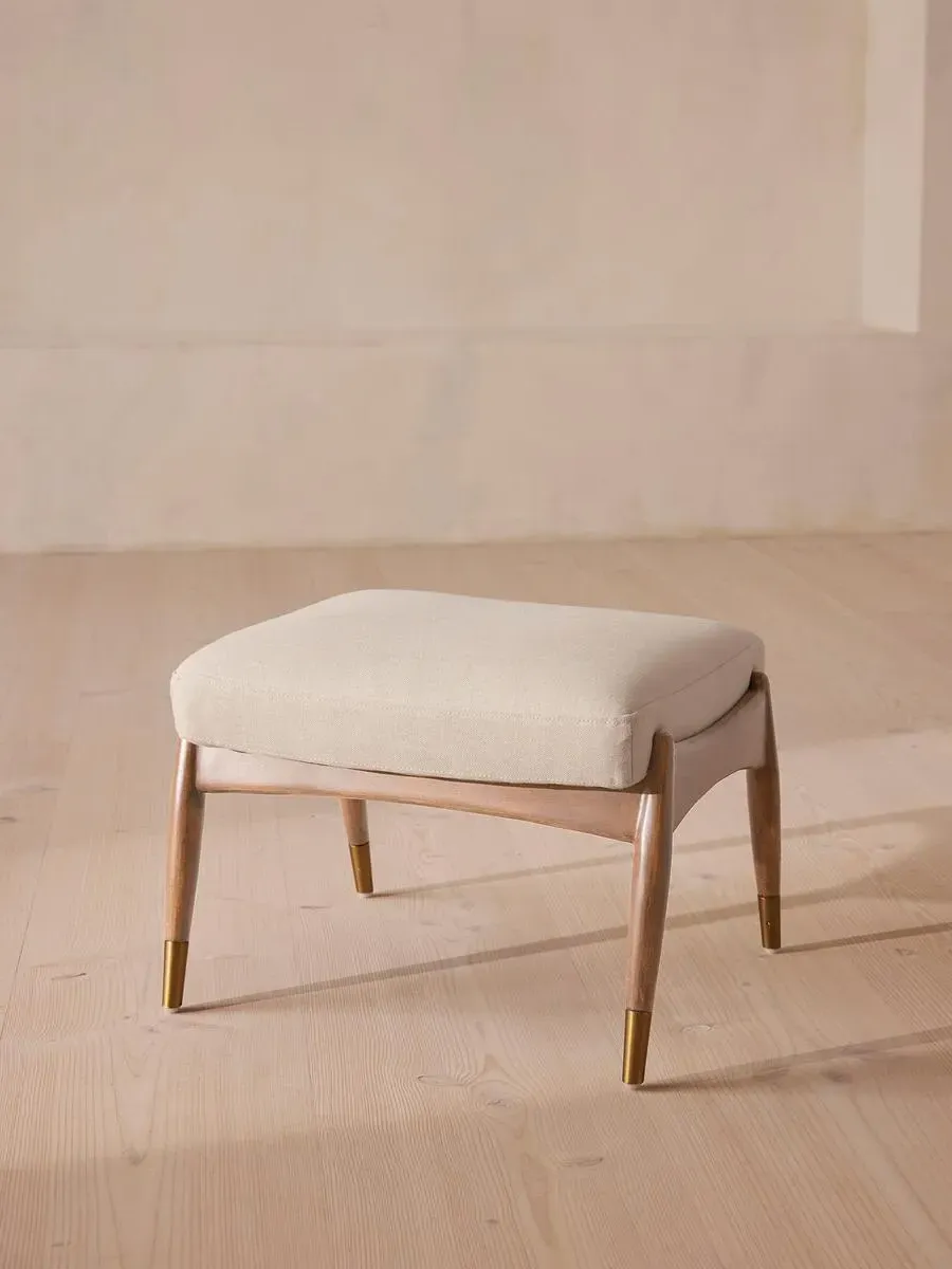 Oak Footstool with Brass Details - Bisque, Linen