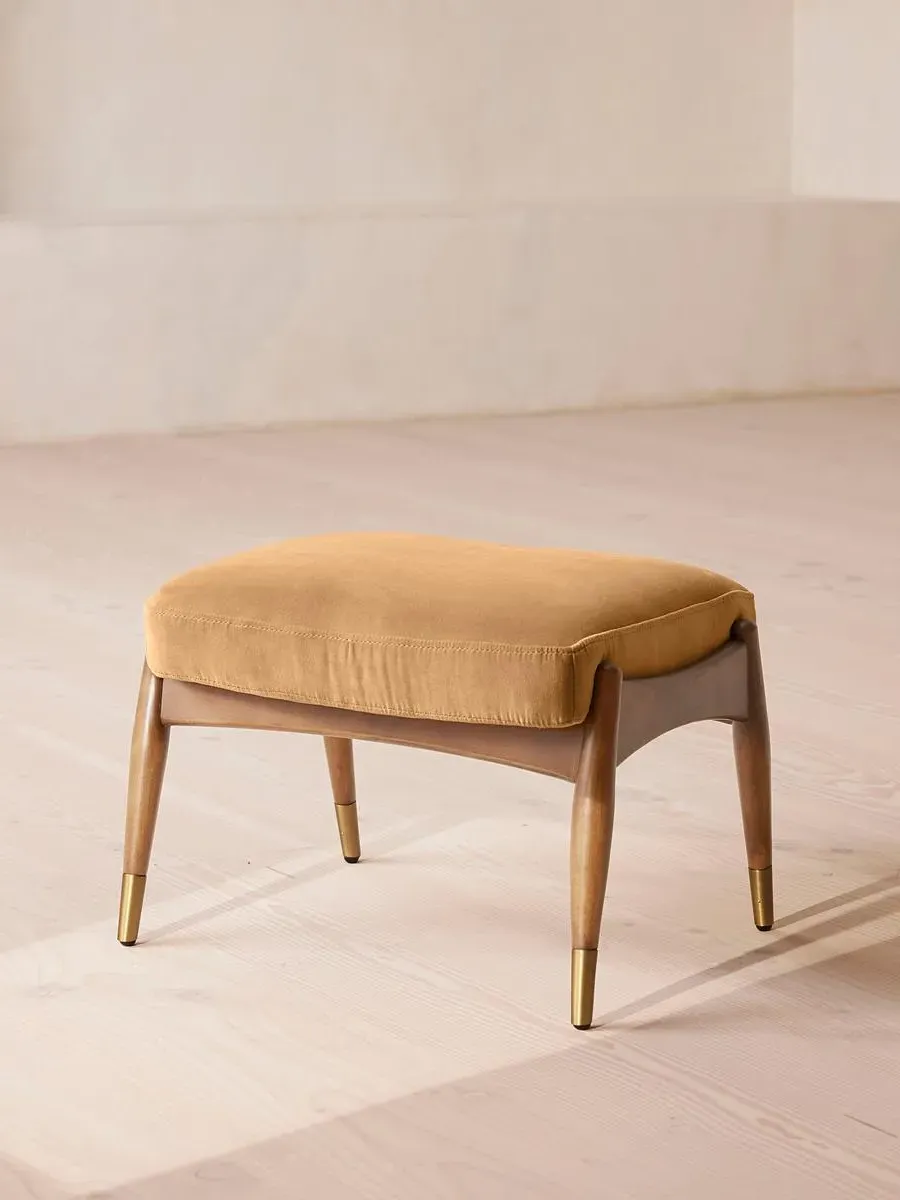 Oak Footstool with Brass Details - Camel, Velvet image