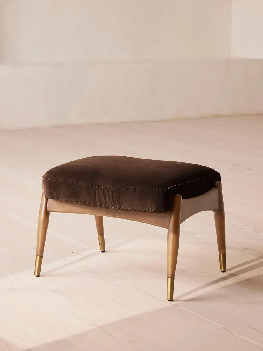 Oak Footstool with Brass Details - Chocolate Brown, Velvet