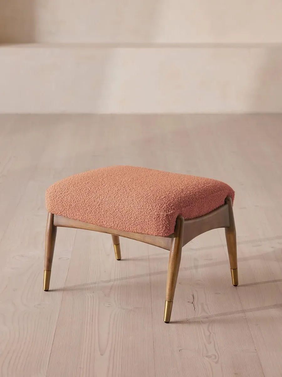 Oak Footstool with Brass Details - Coral, Wool image