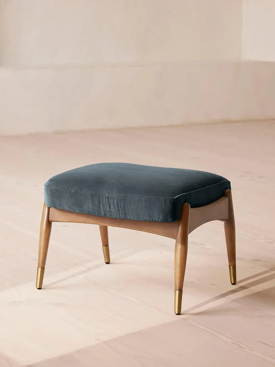 Oak Footstool with Brass Details - Grey Blue, Velvet
