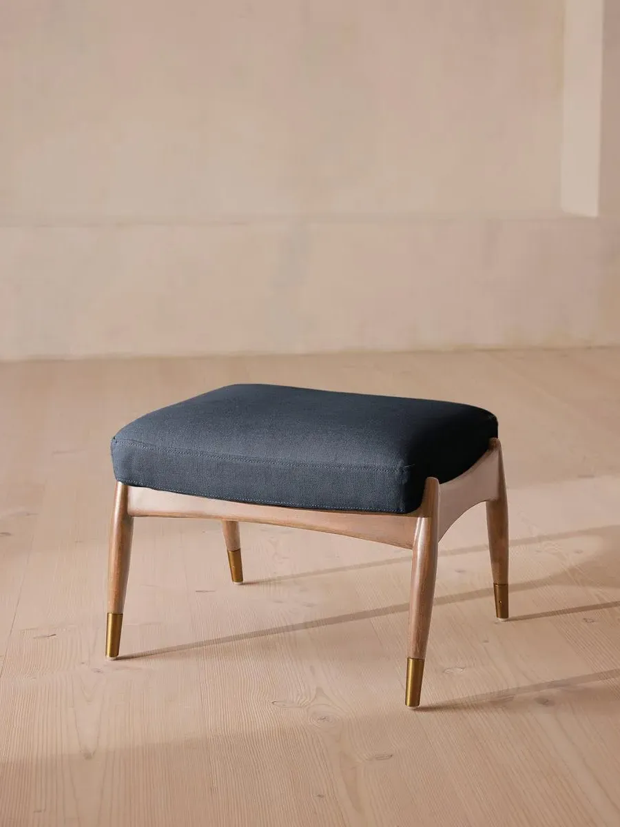 Oak Footstool with Brass Details - Indigo, Linen