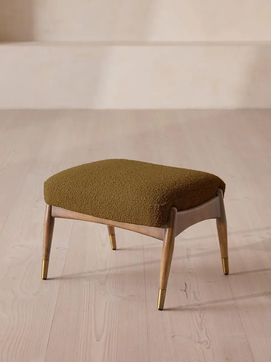 Oak Footstool with Brass Details - Kelp, Wool