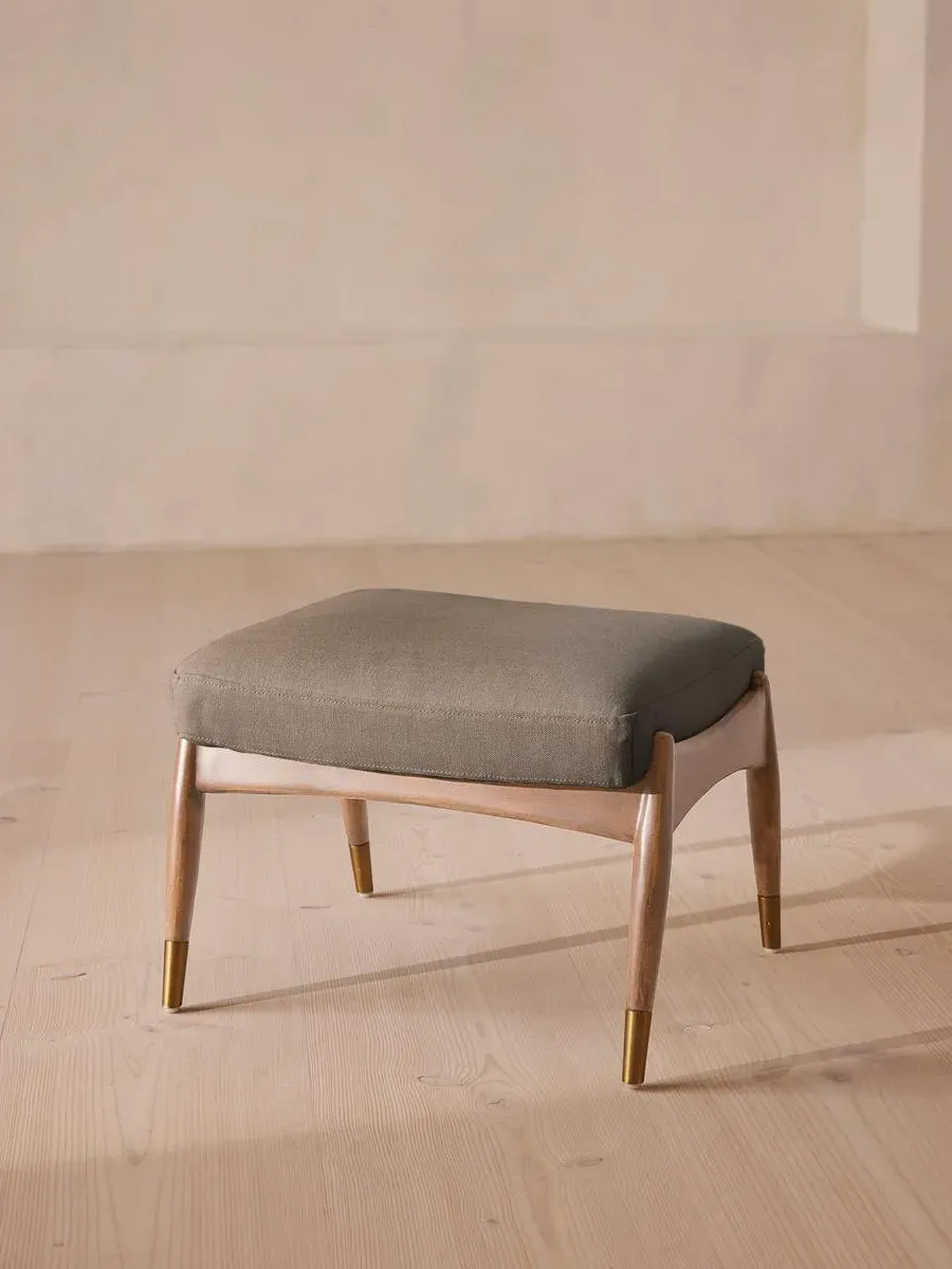 Oak Footstool with Brass Details - Mushroom, Linen
