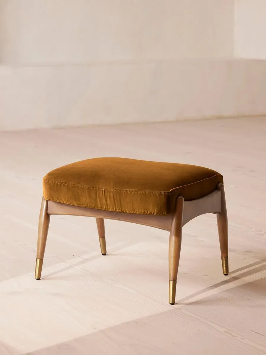Oak Footstool with Brass Details - Mustard, Velvet