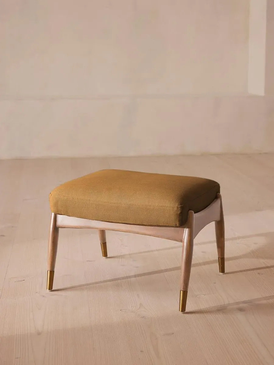Oak Footstool with Brass Details - Ochre, Linen