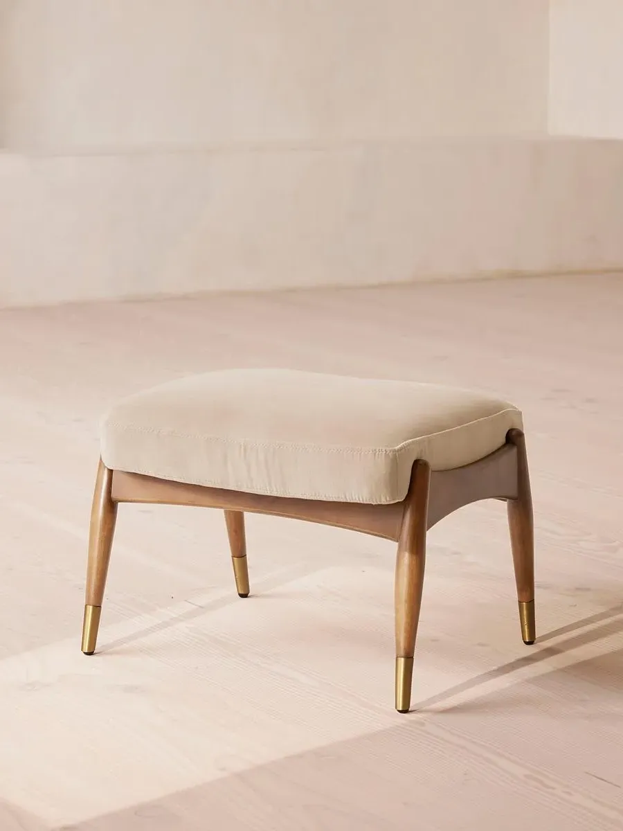 Oak Footstool with Brass Details - Porcelain, Velvet