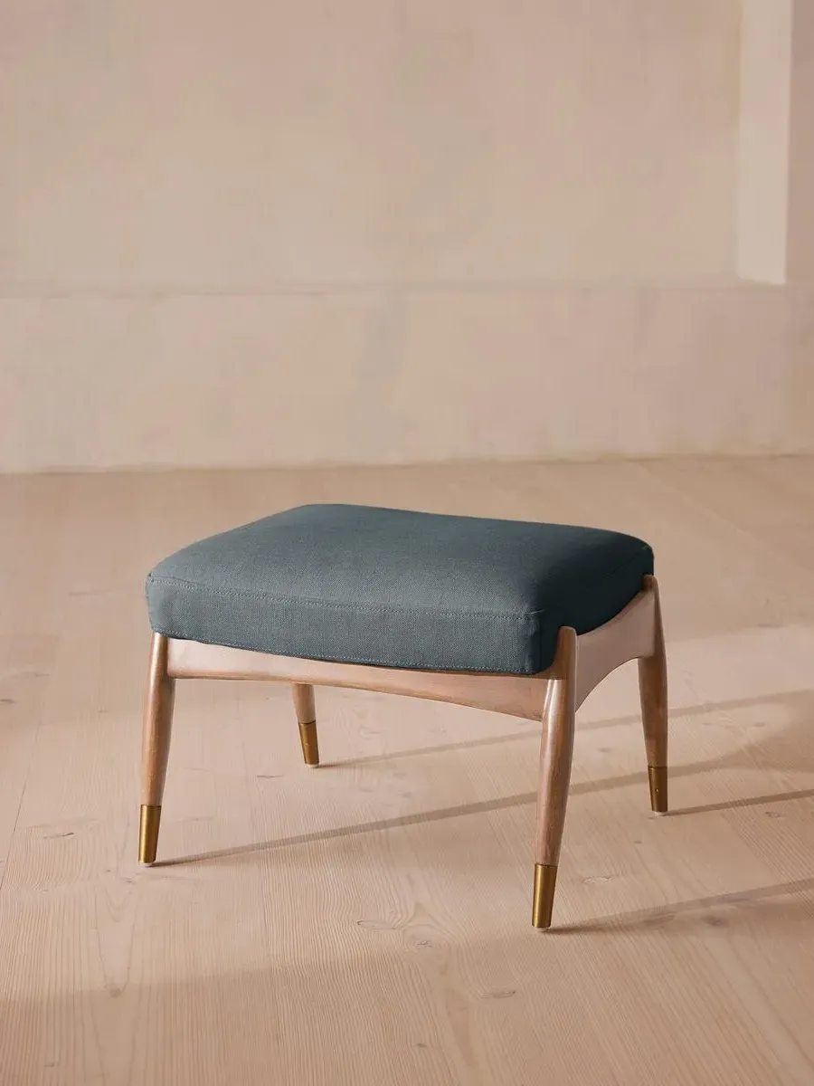 Oak Footstool with Brass Details - Prussian Blue, Linen