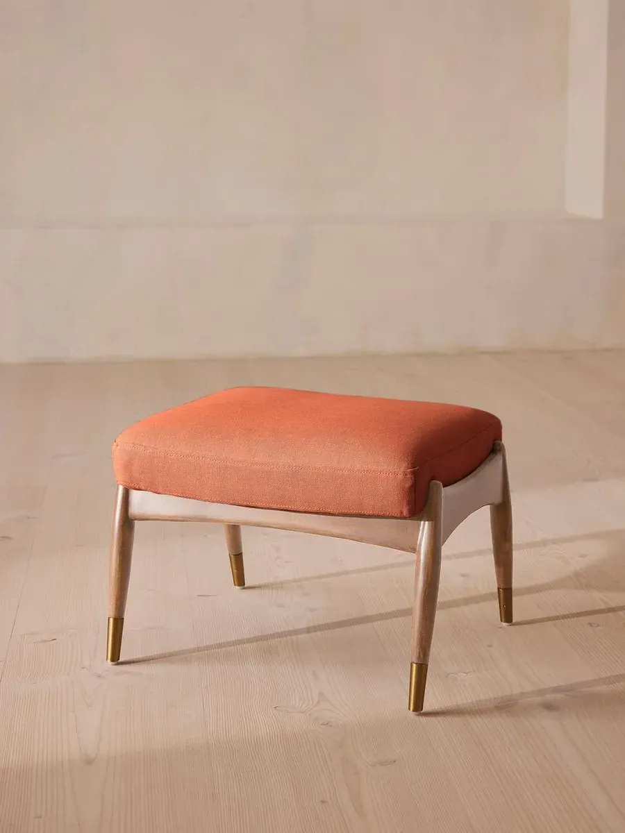 Oak Footstool with Brass Details - Rose, Linen