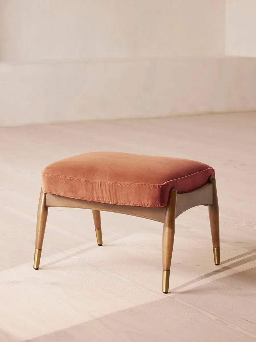 Oak Footstool with Brass Details - Rose, Velvet