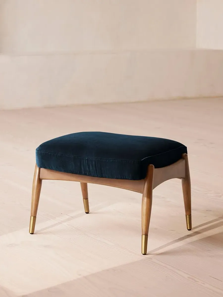Oak Footstool with Brass Details - Royal Blue, Velvet