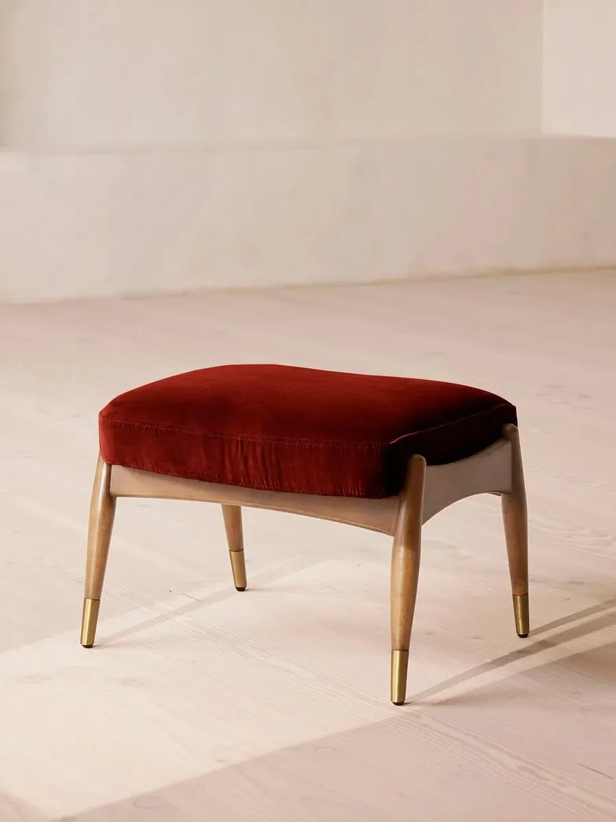 Oak Footstool with Brass Details - Rust, Velvet