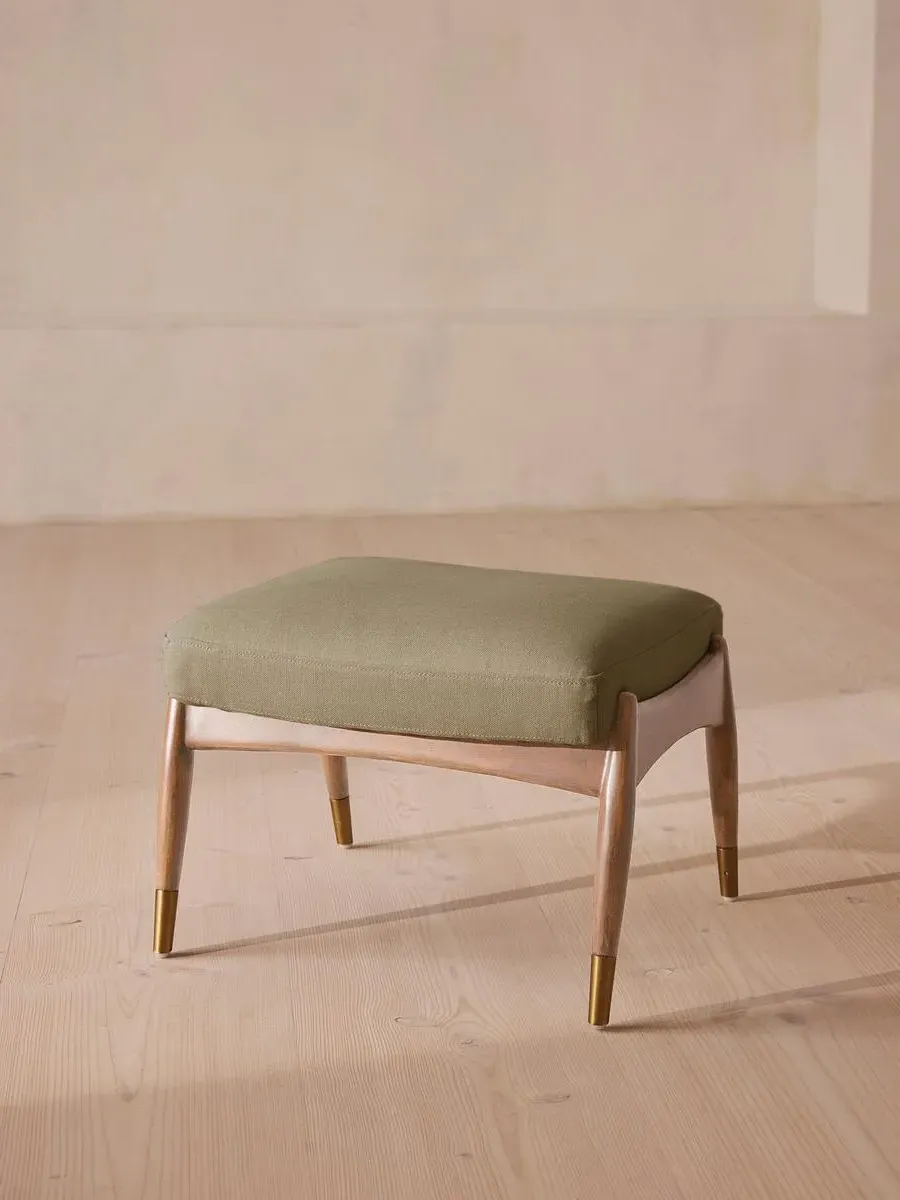 Oak Footstool with Brass Details - Sage, Linen