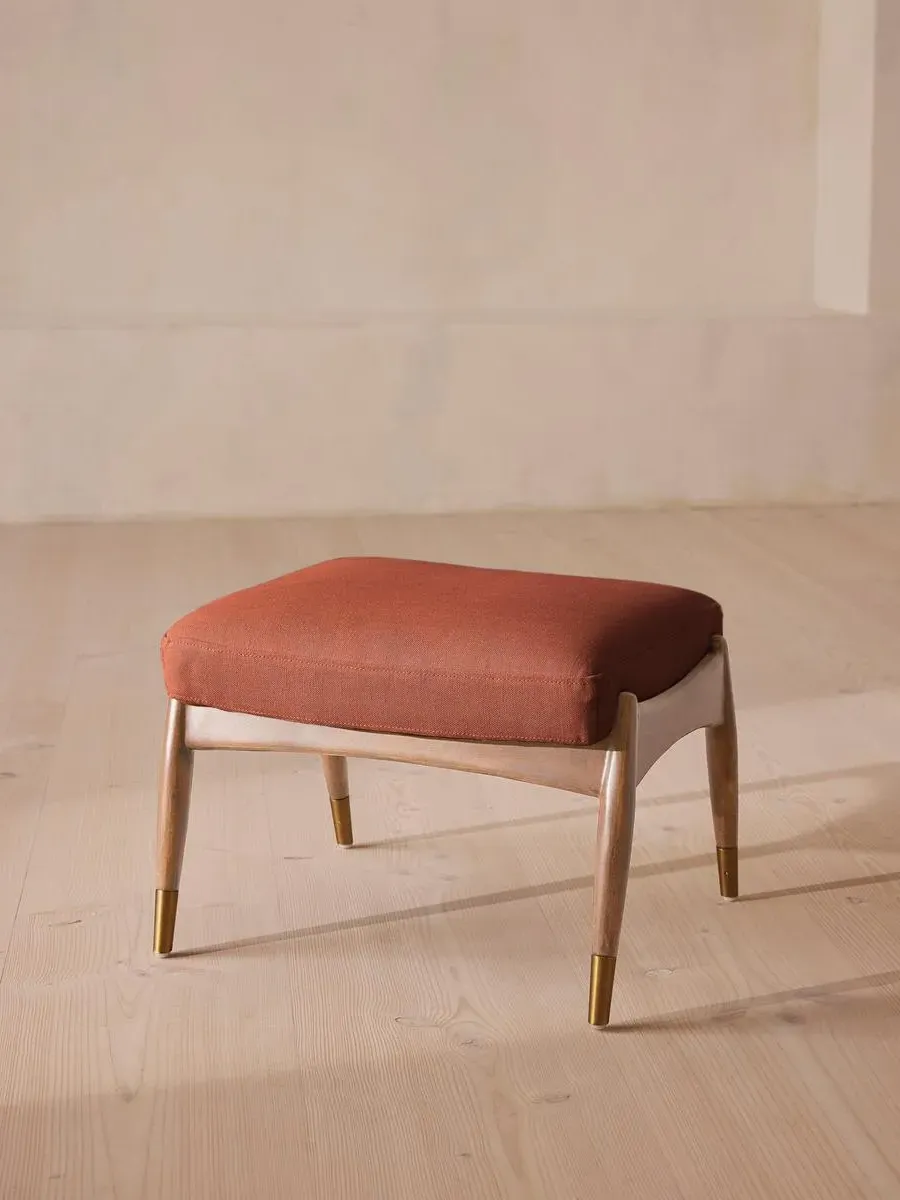Oak Footstool with Brass Details - Sienna, Linen