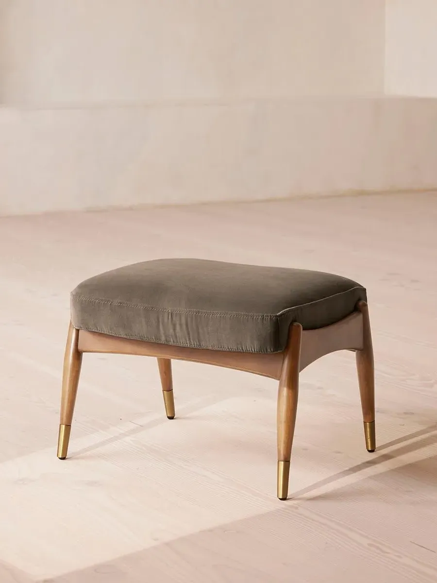 Oak Footstool with Brass Details - Taupe, Velvet