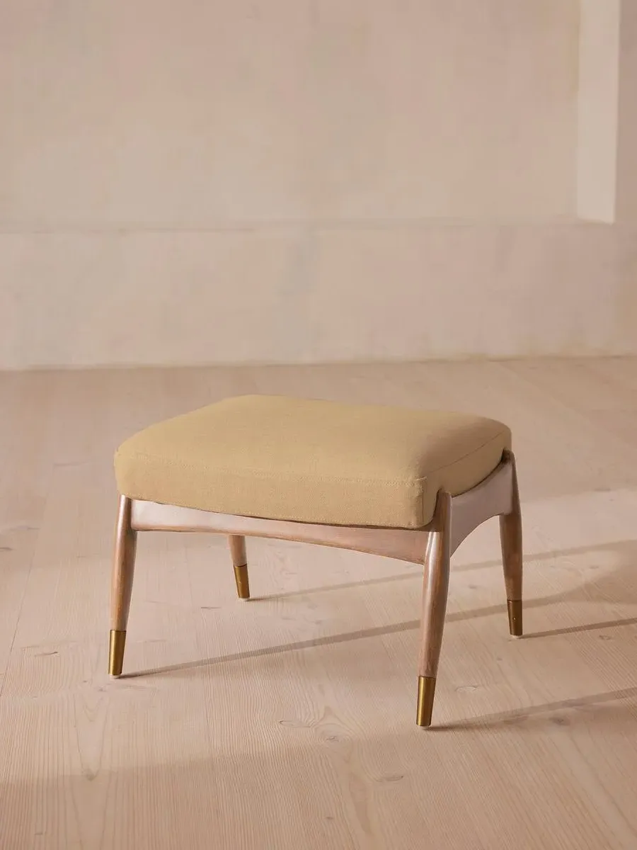 Oak Footstool with Brass Details - Wheat, Linen