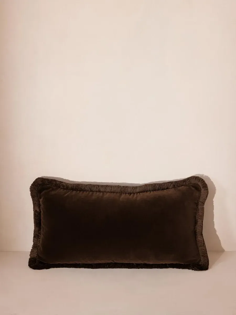 Oblong Cushion with Fringing - Chocolate, Velvet
