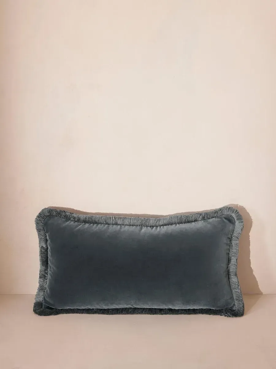 Oblong Cushion with Fringing - Grey Blue, Velvet