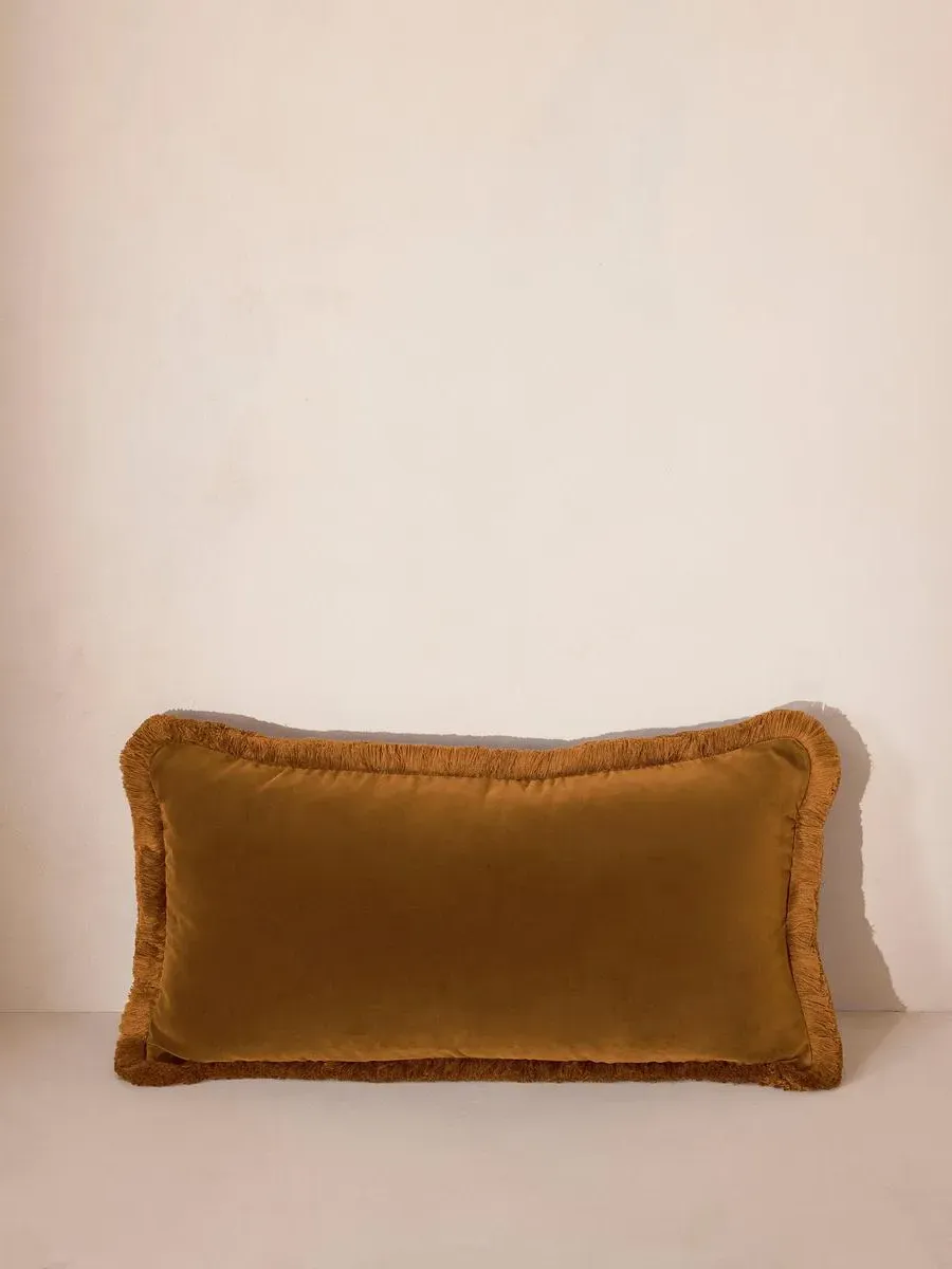 Oblong Cushion with Fringing - Mustard, Velvet