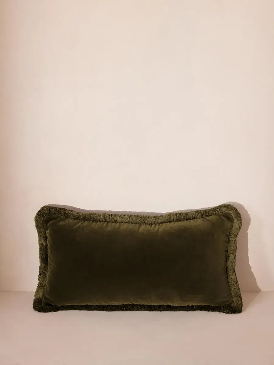 Oblong Cushion with Fringing - Olive, Velvet