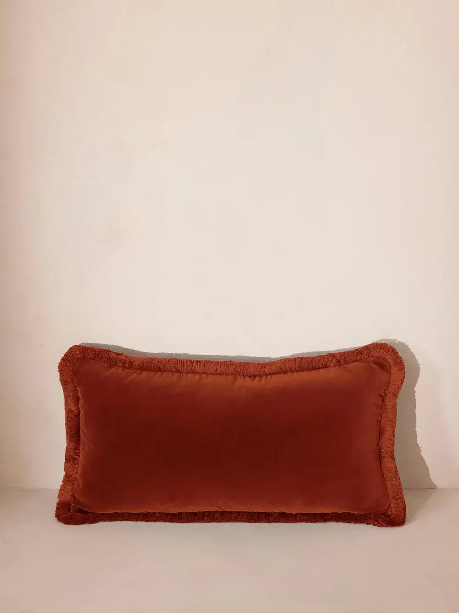 Oblong Cushion with Fringing - Rust, Velvet