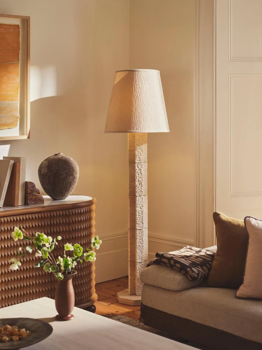 Octagonal Floor Lamp with Silk Shade - Travertine image