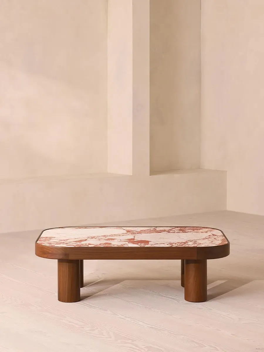 Outdoor Coffee Table - Red Marble, Iroko Wood