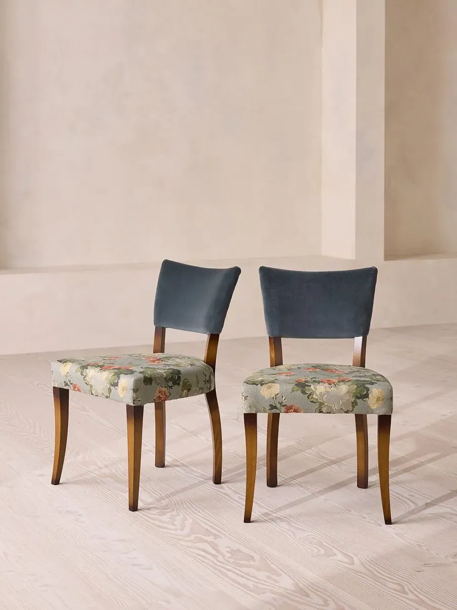 Pair Dining Chairs Floral Print - Grey Blue, Velvet image