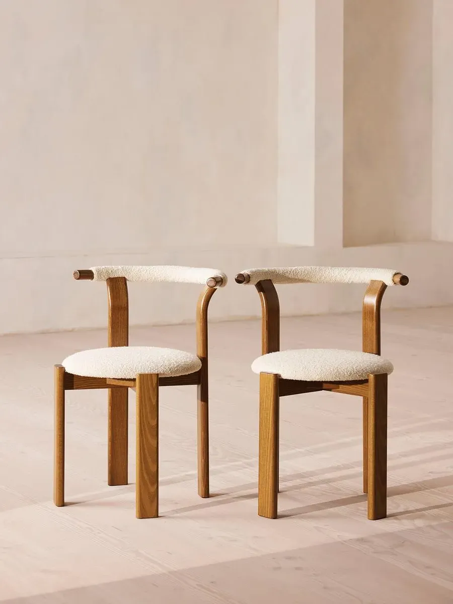 Pair Dining Chairs Stackable - Natural, Boucle
