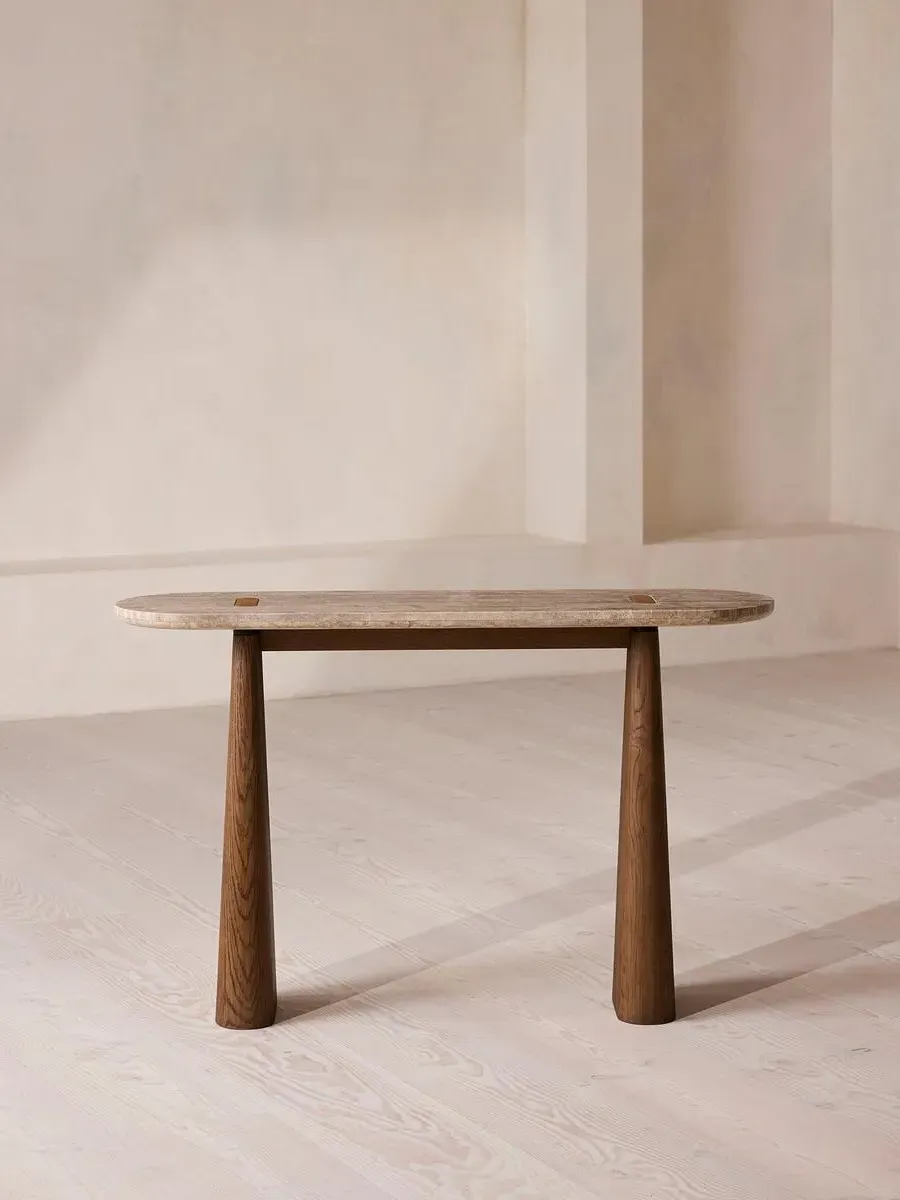 Pill-Shaped Console Table - Silver, Travertine image