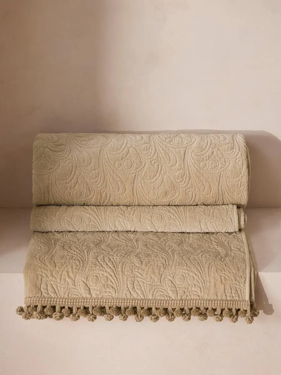 Quilted Bedspread with Pompom Trim - Cream, Velvet
