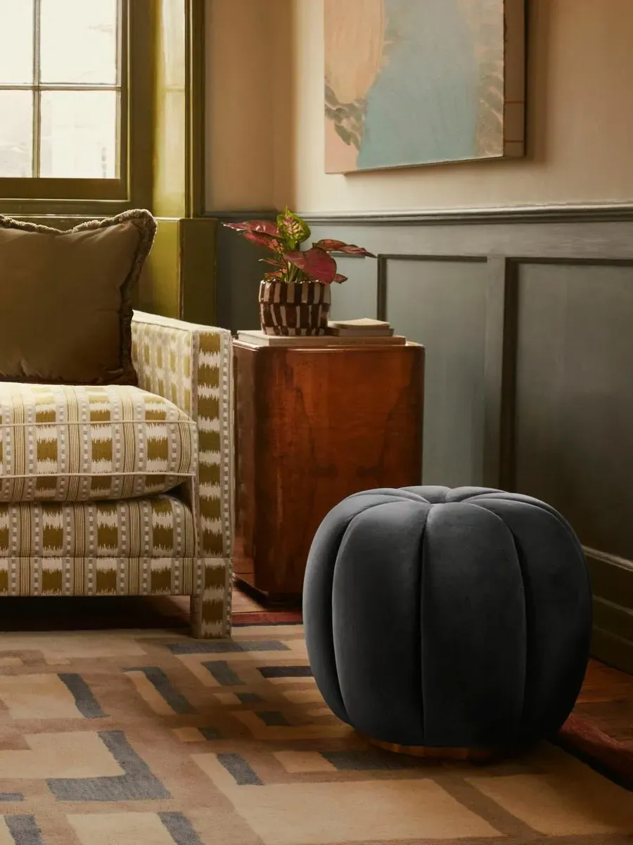 Round Footstool - Grey Blue, Velvet image
