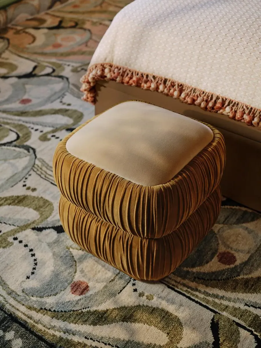 Round Footstool with Ruching - Mustard, Velvet image