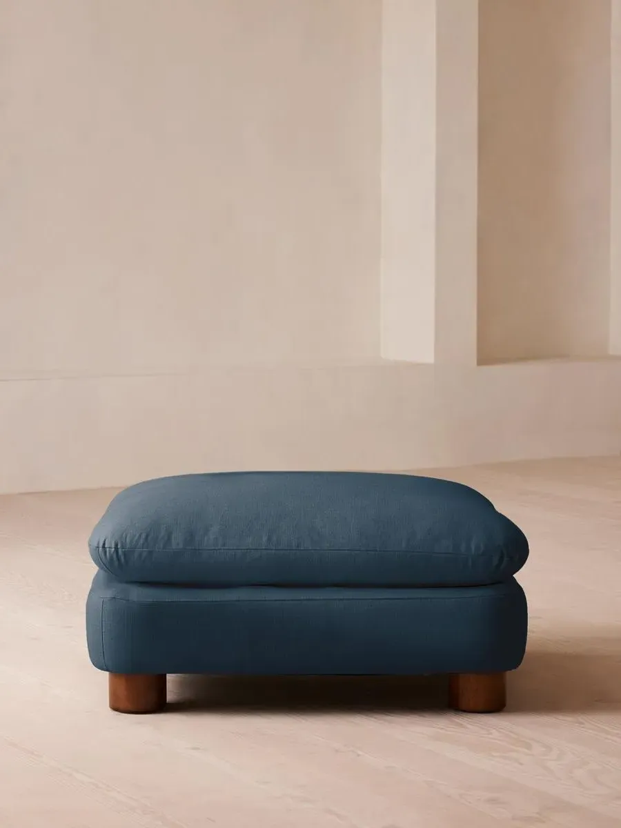 Round Ottoman with Cylindrical Legs - Blue, Linen