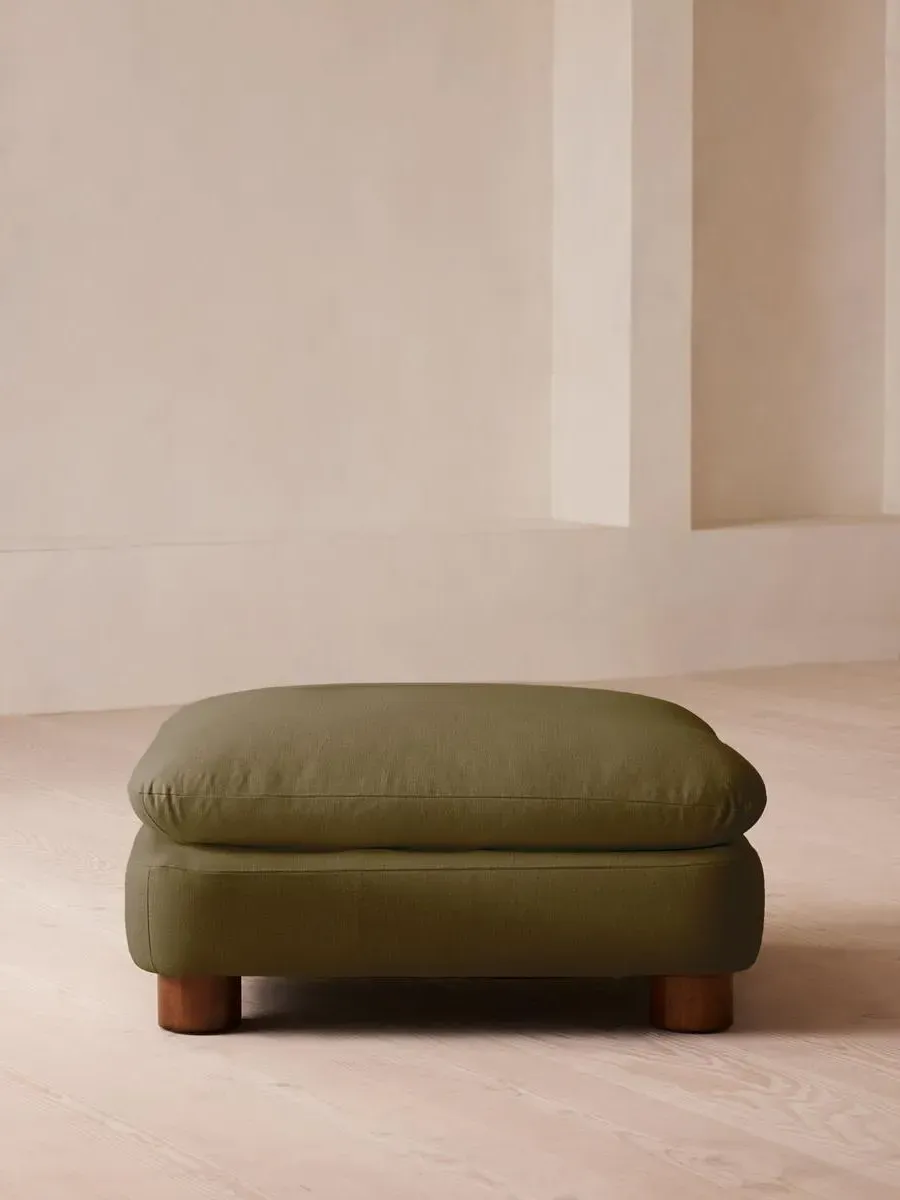 Round Ottoman with Cylindrical Legs - Olive, Linen