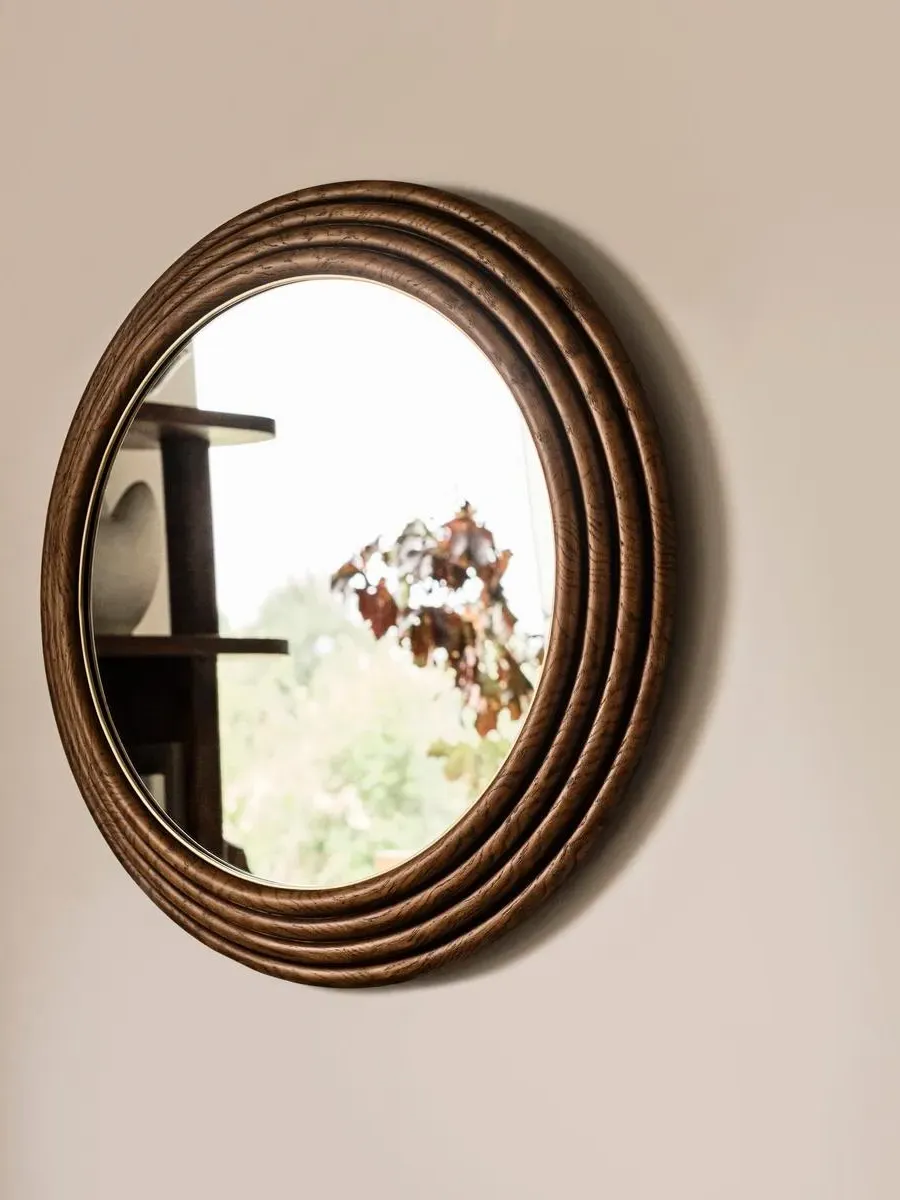 Round Wall Mirror with Brass Details - Wood image