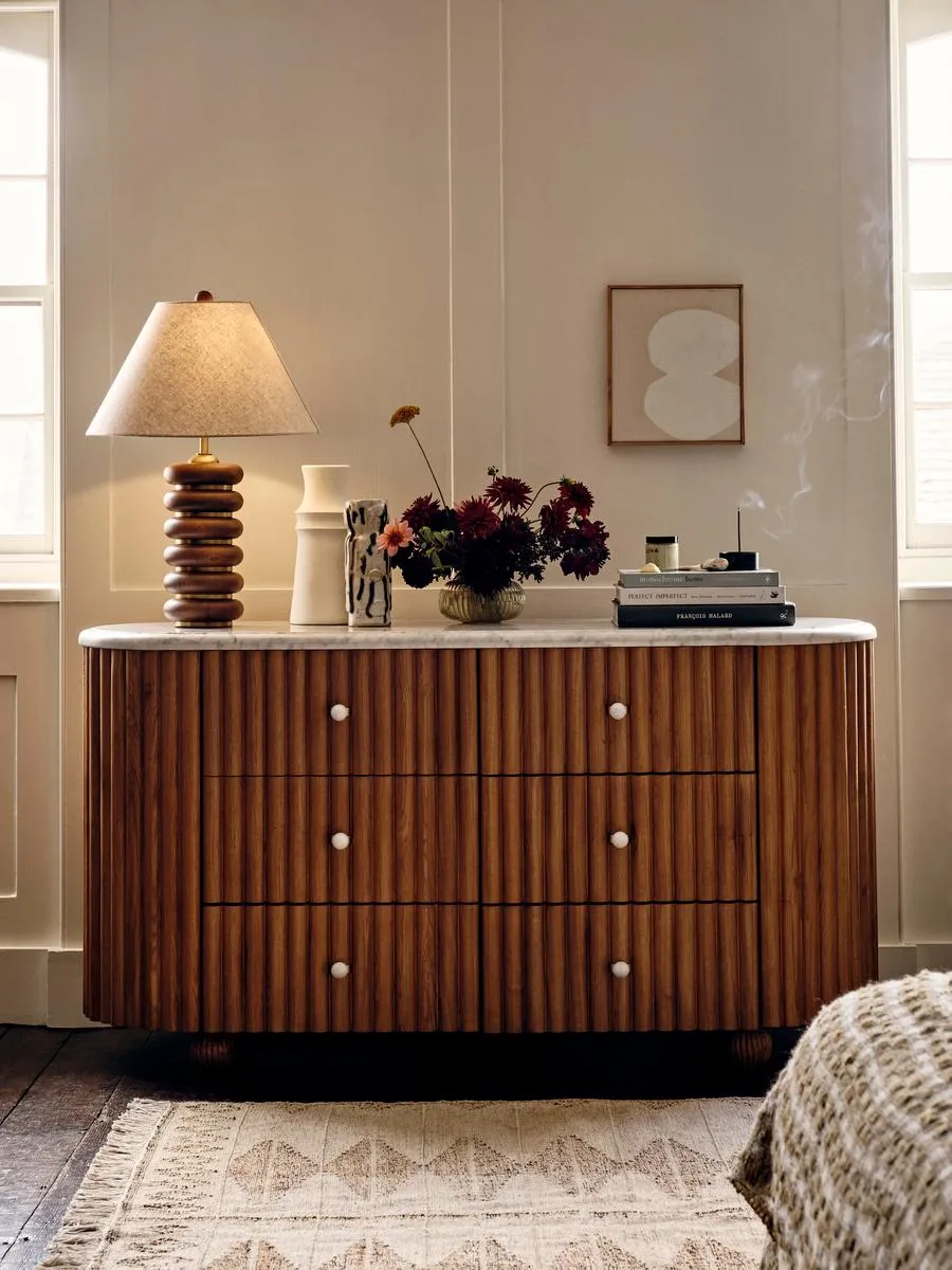 Six Drawer Dresser with Marble Top - Oak image