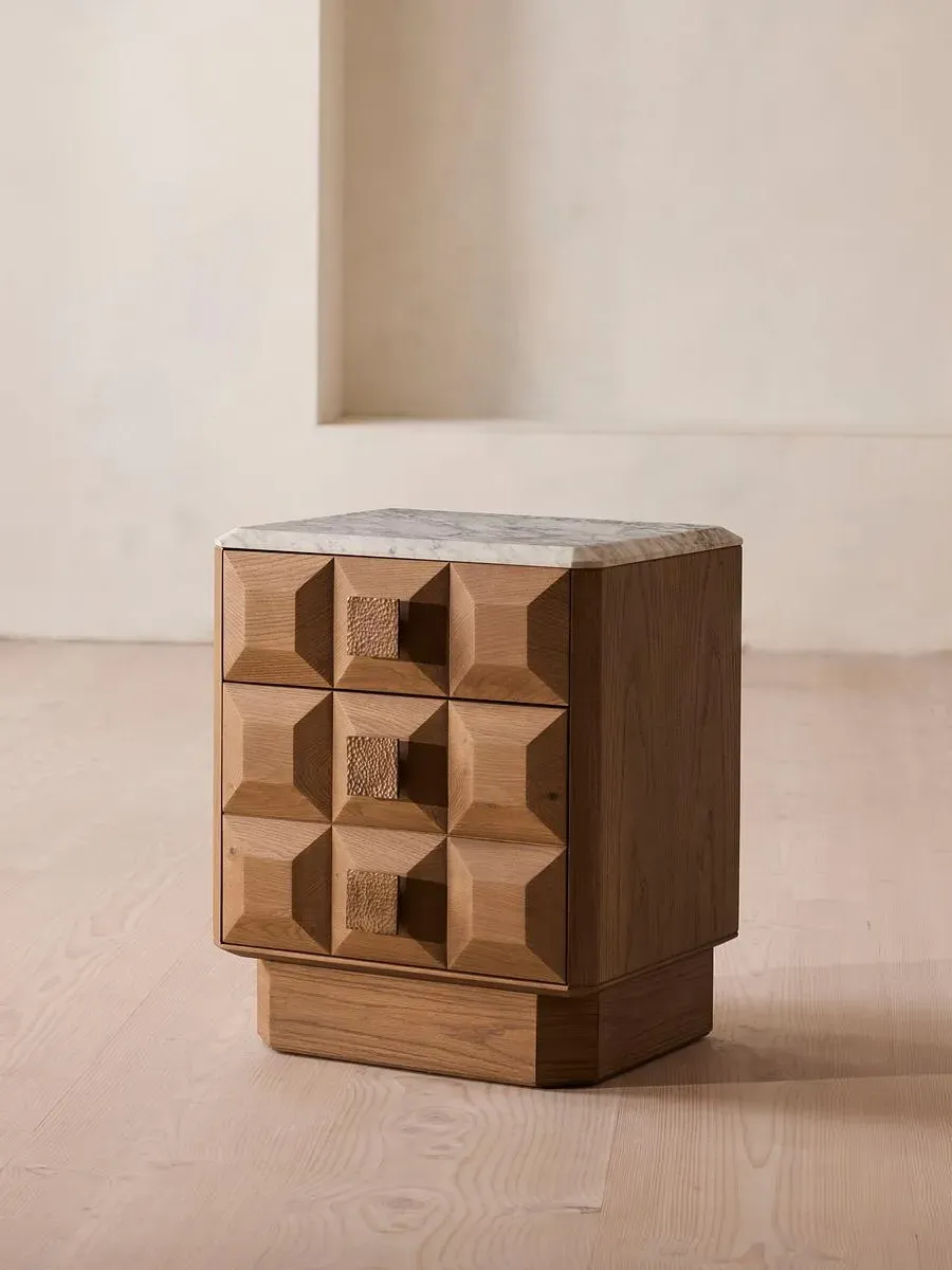 Small Bedside Table with Drawers - Oak, Marble image