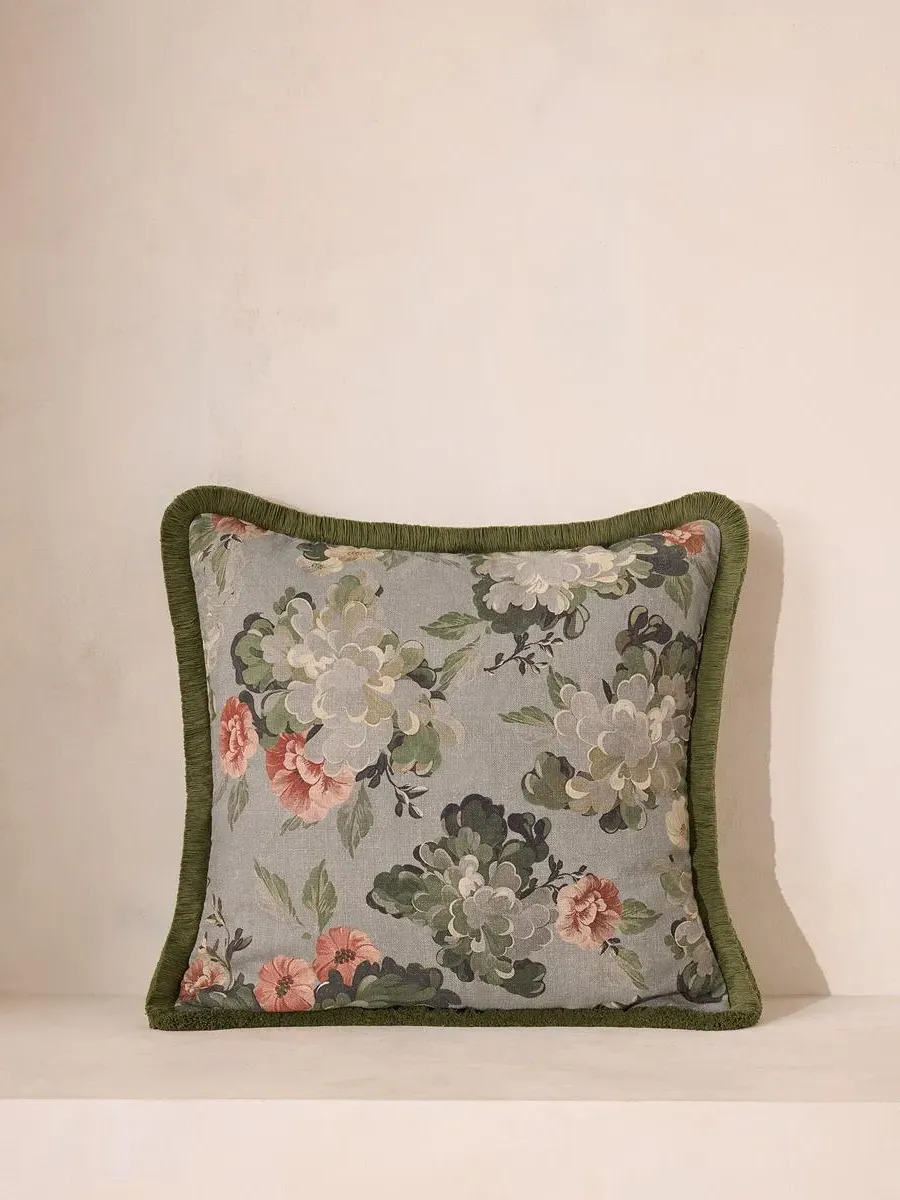 Square Cushion with Floral Pattern - Blue, Linen image