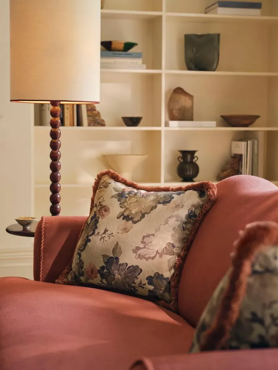 Square Cushion with Floral Pattern - Cream, Linen