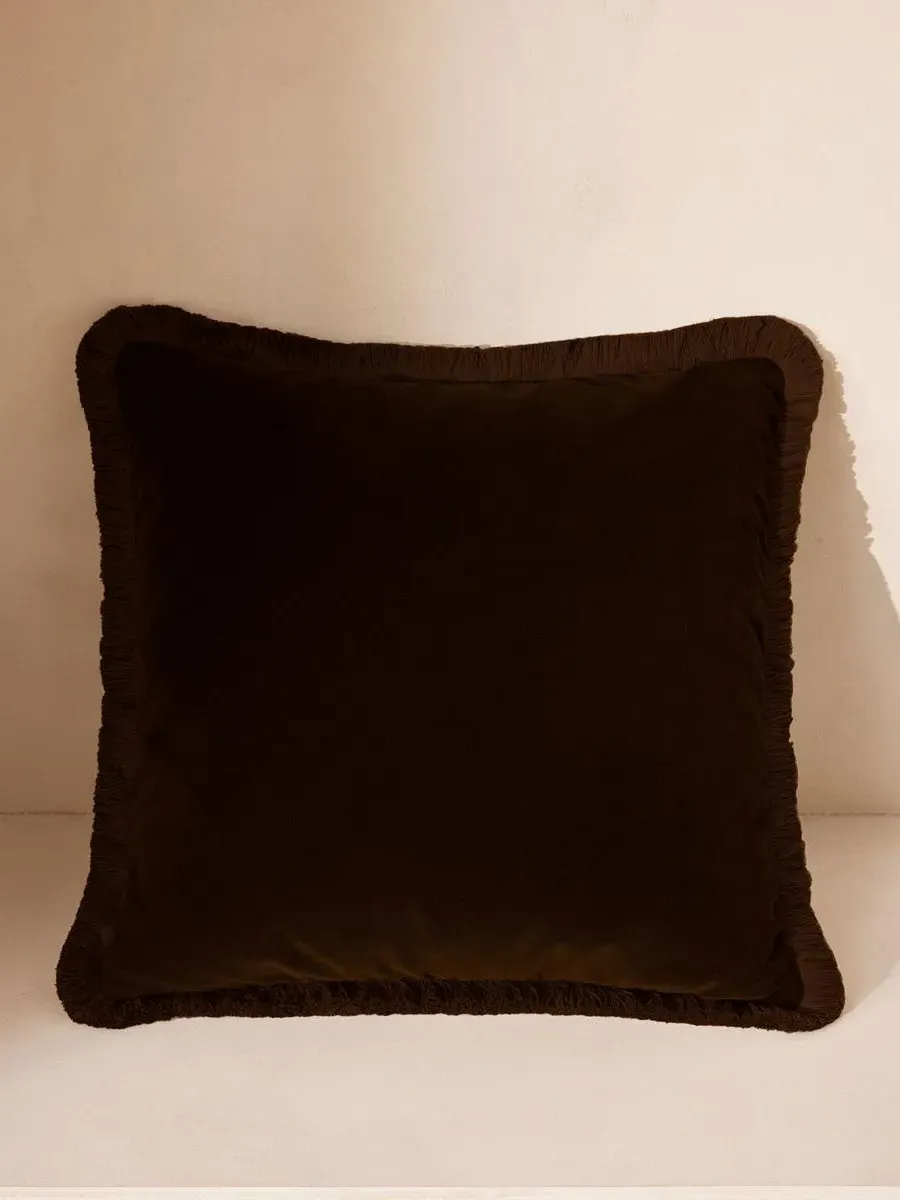 Square Cushion with Fringing - Chocolate, Velvet image