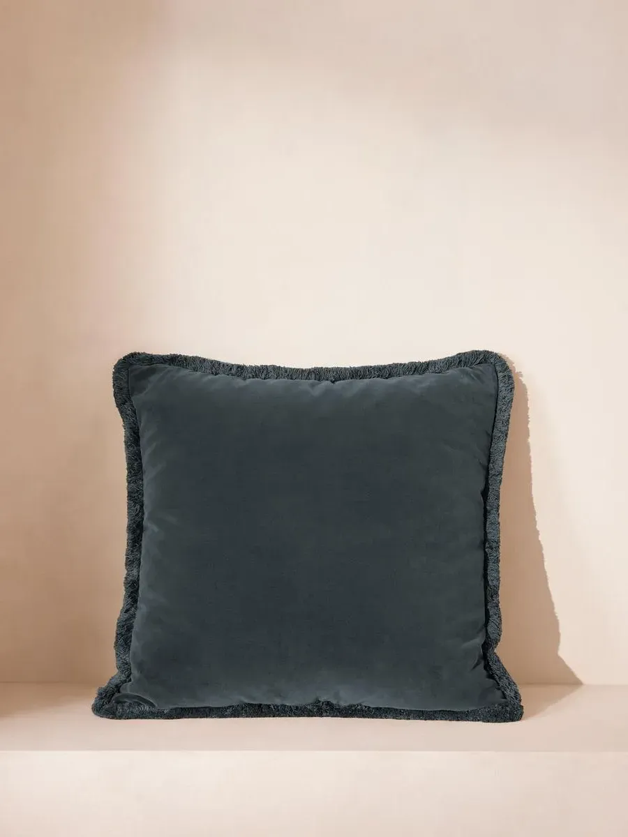 Square Cushion with Fringing - Grey Blue, Velvet