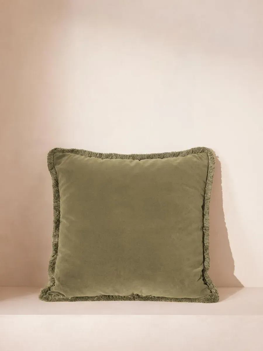 Square Cushion with Fringing - Lichen, Velvet