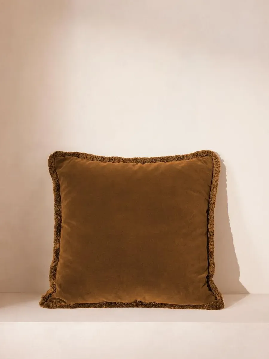 Square Cushion with Fringing - Mustard, Velvet