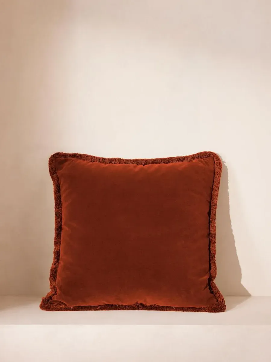 Square Cushion with Fringing - Rust, Velvet