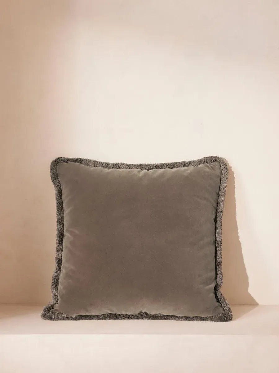 Square Cushion with Fringing - Taupe, Velvet