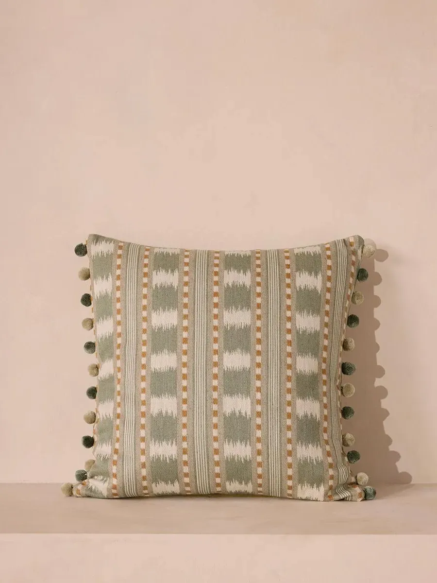 Square Cushion with Pom-Pom Trim - Sage, Cotton image