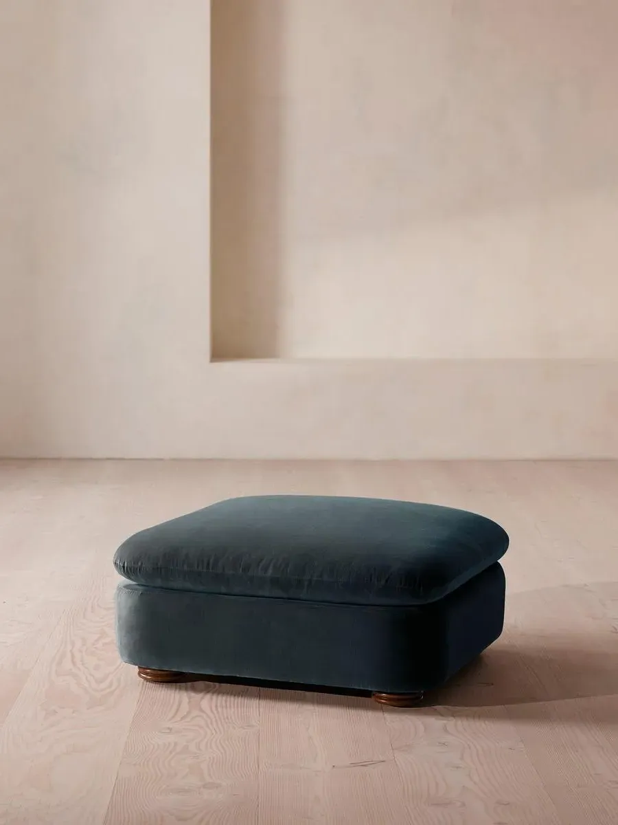 Square Ottoman with Curved Edges - Blue, Velvet