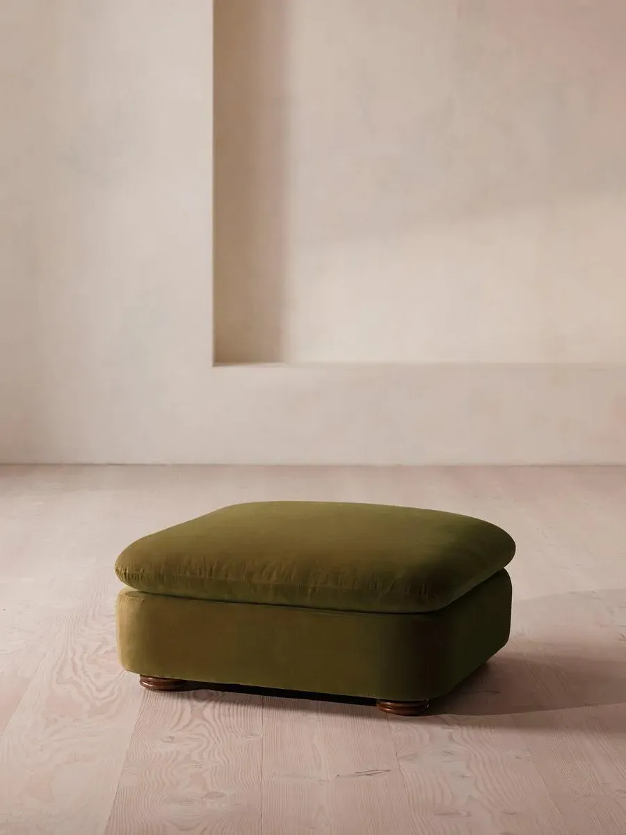 Square Ottoman with Curved Edges - Olive, Velvet